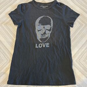 Unsweetened Women’s Black Skull Love Graphic T-Shirt with Silver Glitter